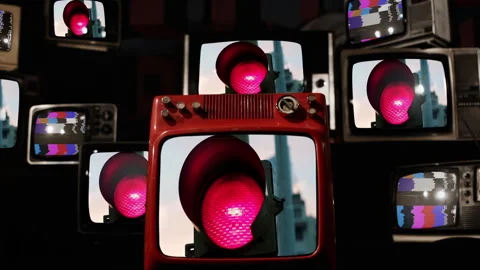 Stack of Vintage Televisions Displaying Red Traffic Light - 4K Stock Footage 342657638