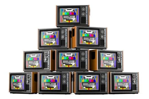 Stack of vintage TV sets with test card TV, 3D rendering Stack of vintage ... Stock Photos