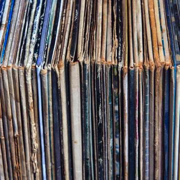 Stack of vinyl records in envelopes Foto stock
