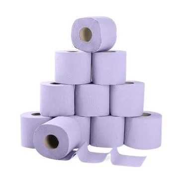 Stack of violet toilet paper rolls isolated on white Stock Photos