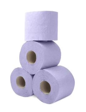 Stack of violet toilet paper rolls isolated on white Stock Photos