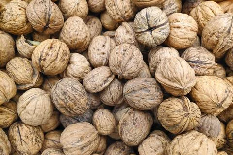 Stack of walnuts on a market stall Stock Photos