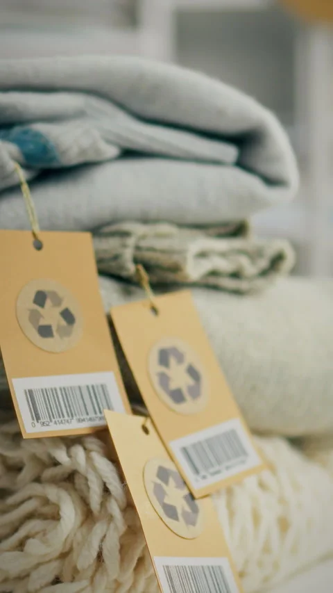 A stack of warm clothes neatly folded in a dressing room. A recycling tag is 動画素材 331531335