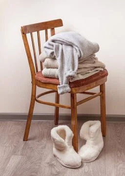 Stack of warm clothes Stock Photos
