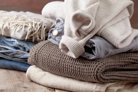 Stack of of warm clothes Stock Photos