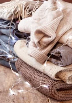 Stack of of warm clothes Stock Photos