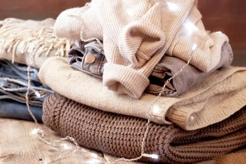 Stack of of warm clothes Stock Photos