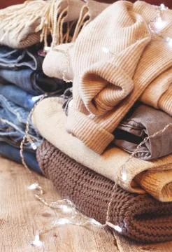 Stack of of warm clothes Stock Photos