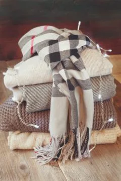 Stack of of warm clothes Stock Photos