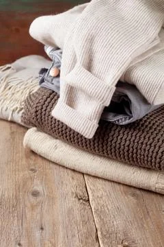 Stack of of warm clothes Stock Photos