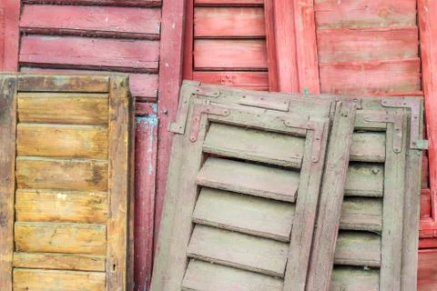 Stack of weathered louver doors Foto stock