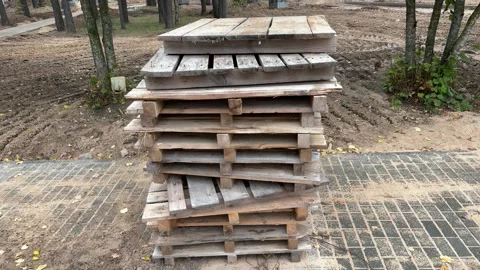 Stack of weathered wooden pallets at construction site Vídeo Stock 344041364