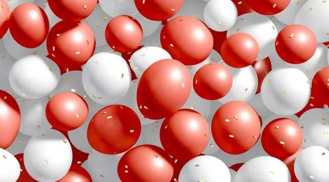 Stack of white and red round balloons with confetti mockup Stock-Fotos