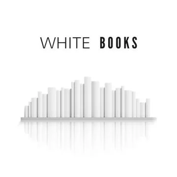 Stack of white books on bookshelf  with reflection. Books spine for your desi Stock Illustration