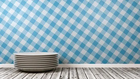 Stack of White Ceramic Dishes on Wooden Floor Against Table Cloth Style Wall Stock Illustration