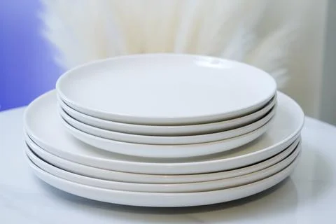 Stack of White Ceramic Plates Minimalist Kitchenware Tableware Stock Photos