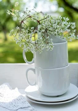 A stack of white cups and saucers, a branch of white flowers, a napkin with.. Stock Photos