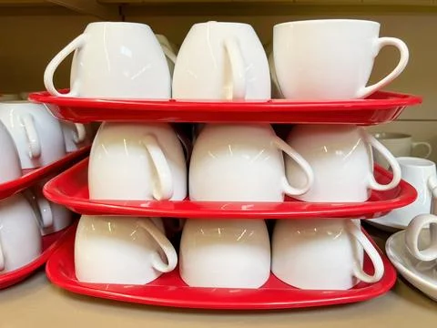 Stack of White Cups in Store Stock Photos