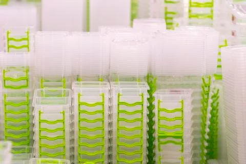 Stack of white food containers in kitchenware store Stock Photos