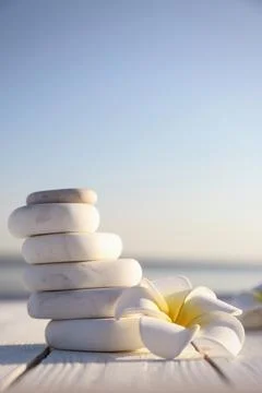 Stack of white marble stones and beautiful flower on wooden deck, space for t Foto stock