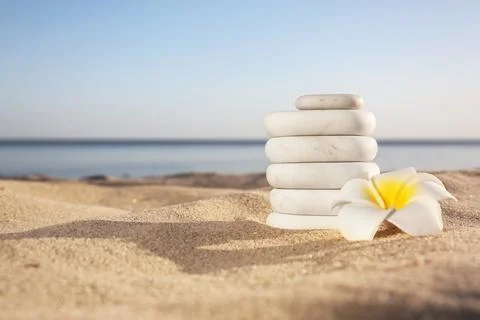Stack of white marble stones and beautiful flower on sandy beach near sea, sp Foto stock