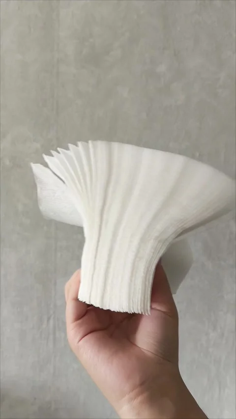 Stack white napkins in hand on white background isolation. Paper napkins with Stock Footage 313521797