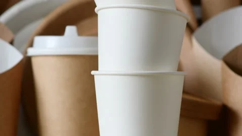 A stack of white paper cups on the background of eco-friendly tableware Stock Footage 234138087