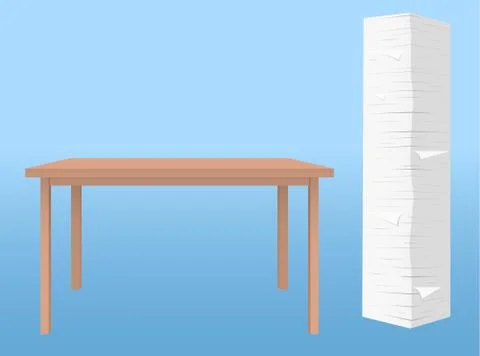 Stack of white paper sheets near brown table stand on blue floor in room Stock Illustration