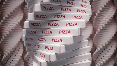 Stack of white pizza boxes with red text in a warehouse Stock Footage 163548747