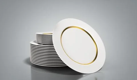 A stack of white plates with a gold strip 3d render on a grey background Stock Illustration