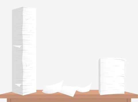 Stack of white sheets and paper on brown table top. Stock Illustration
