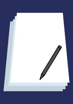 A stack of white sheets of paper and a writing pen. Illustrazione stock