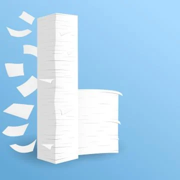 Stack of white sheets paper flying in blue room on floor Stock Illustration