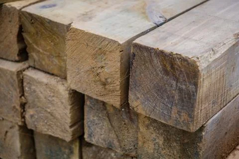 Stack of wood, building material, wood for construction -  timber closeup Stock Photos