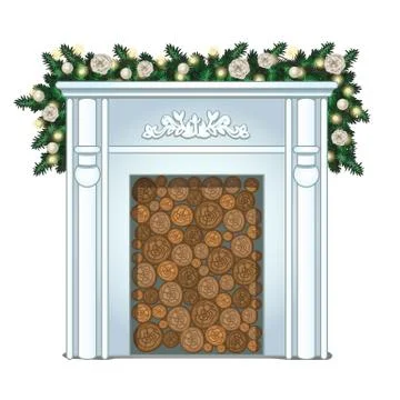 A stack of wood in the false fireplace without fire isolated on white background Stock Illustration