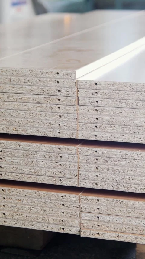 Stack of wood particleboard panels on the warehouse or factory Stock Footage 336172024