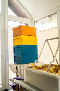 Stack of Wooden Beehive Boxes Ready for Bee Honey Harvest Stock Photos