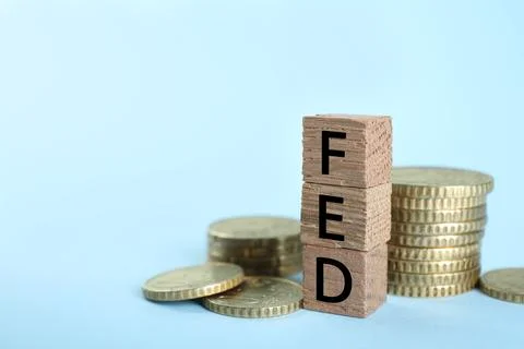 Stack of wooden cubes with letters Fed (Federal Reserve System) and coins o.. 스톡 사진