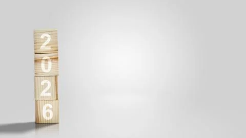 Stack of wooden cubes with the number 2026 on a white background. Happy New.. Stockfoto's
