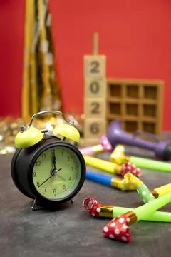 Stack of wooden cubes with the number 2026 with an alarm clock, plastic hor.. Fotos de archivo