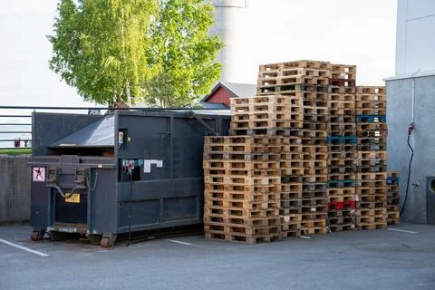 Stack of wooden pallets next to a container under the sunlight Stock Photos