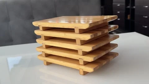 Stack of wooden serving boards for sushi food presentation and kitchen use on Stock Footage 346187084