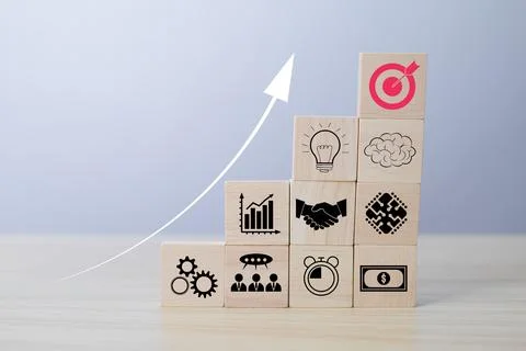 Stack woods block step on table with icon about business strategy and Actio.. Stock Photos