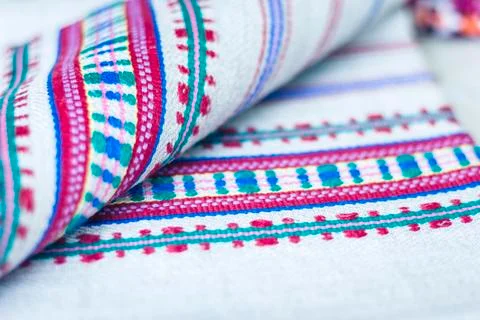 A stack of woven linen towels with embroidery, traditional handmade in Ukrain Stock Photos
