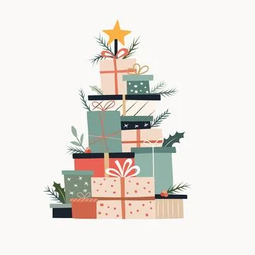 Stack of wrapped Christmas presents arranged like a tree, decorated with le.. Stock Illustration