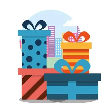 Stack wrapped gift boxes bow decoration striped and dots Illustrazione stock