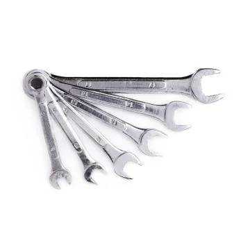 Stack of wrenchs metal instruments isolated over white background Stock Photos