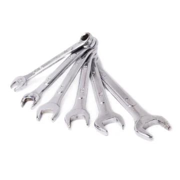 Stack of wrenchs metal instruments isolated over white background Stock Photos