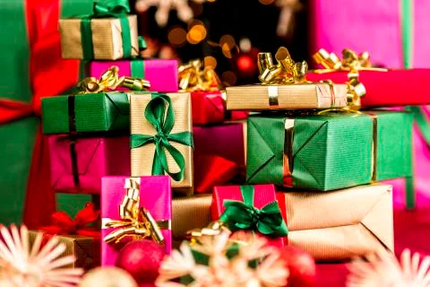 Stack of xmas presents. Stock Photos