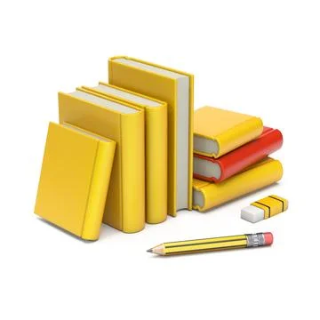 Stack of yellow books with pencil and eraser 3D イラスト素材
